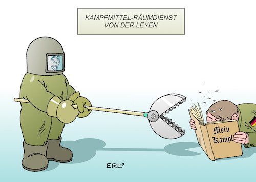 Cartoon: von der Leyen (medium) by Erl tagged bundeswehr,rechtsextremismus,gedankengut,nationalsozialismus,fremdenfeindlichkeit,rassismus,fremdenhass,plan,anschlag,terror,tarnung,flüchtling,syrien,verteidigungsministerin,von,der,leyen,aufklärung,kampfmittelräumdienst,mein,kampf,buch,adolf,hitler,soldat,militär,karikatur,erl,bundeswehr,rechtsextremismus,gedankengut,nationalsozialismus,fremdenfeindlichkeit,rassismus,fremdenhass,plan,anschlag,terror,tarnung,flüchtling,syrien,verteidigungsministerin,von,der,leyen,aufklärung,kampfmittelräumdienst,mein,kampf,buch,adolf,hitler,soldat,militär,karikatur,erl