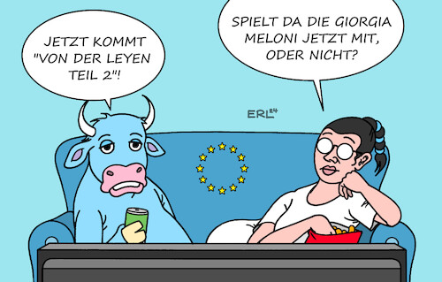 Cartoon: Von der Leyen (medium) by Erl tagged politik,eu,wahl,europawahl,europaparlament,vergabe,spitzenposten,kommissionspräsidentin,ursula,von,der,leyen,zweite,amtszeit,posten,poker,staatschefs,regierungschefs,isolation,giorgia,meloni,postfaschistin,italien,fim,teil,fernsehen,europa,stier,bier,chips,karikatur,erl,politik,eu,wahl,europawahl,europaparlament,vergabe,spitzenposten,kommissionspräsidentin,ursula,von,der,leyen,zweite,amtszeit,posten,poker,staatschefs,regierungschefs,isolation,giorgia,meloni,postfaschistin,italien,fim,teil,fernsehen,europa,stier,bier,chips,karikatur,erl