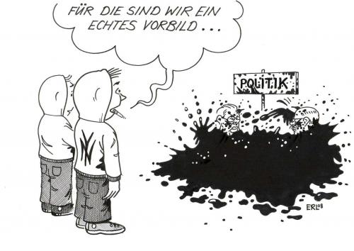 Cartoon: Vorbild (medium) by Erl tagged wahlkampf,jugendliche,wahlkampf,generation,generationen,jugend,jugendgewalt,pubertät,jugendliche,blut,gewalt,jugendkriminalität,pop,kultur,wutang,rauchen,drogen,kloppen,fasutschläge,politik,rappen,fluchen,ubahn,ausländer,fernsehen,fsk,zensur,polizei,verhaftungen,alter,vorbilder