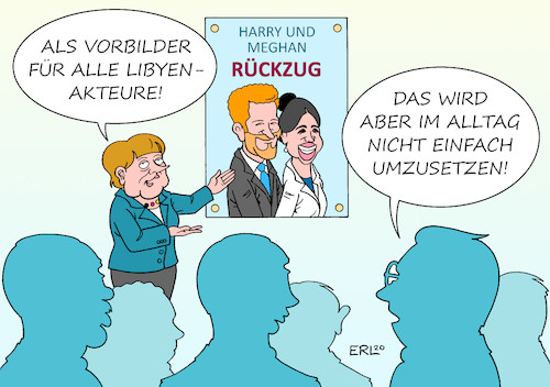 Cartoon: Vorbilder (medium) by Erl tagged politik,libyen,bürgerkrieg,ministerpräsident,sarradsch,general,haftar,konferenz,libyenkonferenz,berlin,bundeskanzlerin,angela,merkel,türkei,erdogan,präsident,putin,russland,truppen,kriegsgegner,akteure,rückzug,vorbild,prinz,harry,meghan,royals,königliche,hoheit,familie,karikatur,erl,politik,libyen,bürgerkrieg,ministerpräsident,sarradsch,general,haftar,konferenz,libyenkonferenz,berlin,bundeskanzlerin,angela,merkel,türkei,erdogan,präsident,putin,russland,truppen,kriegsgegner,akteure,rückzug,vorbild,prinz,harry,meghan,royals,königliche,hoheit,familie,karikatur,erl