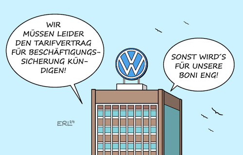 Cartoon: VW in Not (medium) by Erl tagged politik,auto,vw,volkswagen,kündigung,tarifverträge,sparen,boni,karikatur,erl,politik,auto,vw,volkswagen,kündigung,tarifverträge,sparen,boni,karikatur,erl