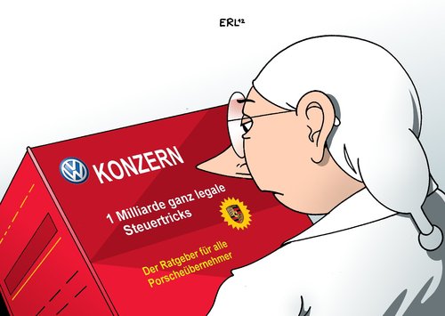 Cartoon: VW Porsche (medium) by Erl tagged vw,volkswagen,übernahme,porsche,aktien,anteile,steuertrick,milliarde,euro,fiskus,finanzamt,staat,vw,volkswagen,übernahme,porsche,aktien,anteile,fiskus,finanzamt