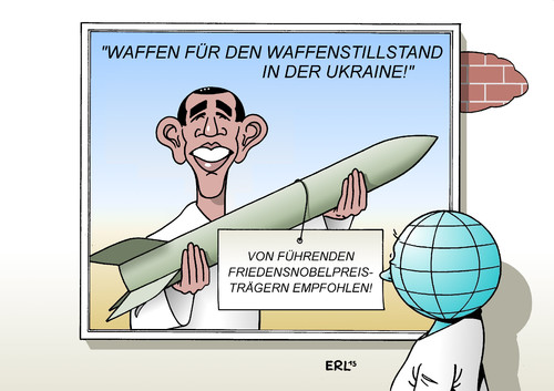 Cartoon: Waffen an die Ukraine (medium) by Erl tagged ukraine,krieg,konflikt,ostukraine,separatisten,russland,esa,präsident,obama,waffen,waffenlieferung,waffenstillstand,friedensnobelpreis,friedensnobelpreisträger,erde,karikatur,erl,ukraine,krieg,konflikt,ostukraine,separatisten,russland,esa,präsident,obama,waffen,waffenlieferung,waffenstillstand,friedensnobelpreis,friedensnobelpreisträger,erde