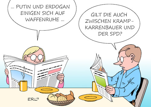 Cartoon: Waffenruhe (medium) by Erl tagged politik,annegret,kramp,karrenbauer,cdu,vorsitz,ambitionen,bundeskanzlerin,profilierung,vorstoss,syrien,internationale,sicherheitszone,brüskierung,koalitionspartner,spd,außenminister,heiko,maas,treffen,putin,russland,erdogan,türkei,einigung,waffenruhe,nordsyrien,machtpolitik,aussenpolitik,karikatur,erl,politik,annegret,kramp,karrenbauer,cdu,vorsitz,ambitionen,bundeskanzlerin,profilierung,vorstoss,syrien,internationale,sicherheitszone,brüskierung,koalitionspartner,spd,außenminister,heiko,maas,treffen,putin,russland,erdogan,türkei,einigung,waffenruhe,nordsyrien,machtpolitik,aussenpolitik,karikatur,erl