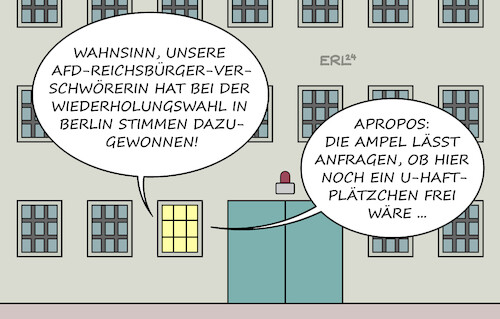 Cartoon: Wahlergebnis (medium) by Erl tagged politik,wahl,wiederholungswahl,berlin,bundestagswahl,afd,kandidatin,birgit,malsack,winkemann,reichsbürgerin,teilnahme,umsturz,versuch,verschwörungstheoretikerin,untersuchungshaft,stimmen,gewinn,ampel,spd,fdp,simmenverlust,gefängnis,karikatur,erl,politik,wahl,wiederholungswahl,berlin,bundestagswahl,afd,kandidatin,birgit,malsack,winkemann,reichsbürgerin,teilnahme,umsturz,versuch,verschwörungstheoretikerin,untersuchungshaft,stimmen,gewinn,ampel,spd,fdp,simmenverlust,gefängnis,karikatur,erl