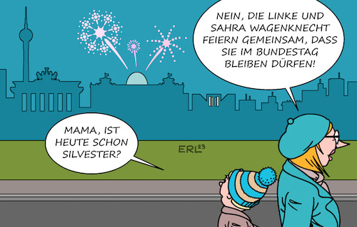 Cartoon: Wahlwiederholung Berlin (medium) by Erl tagged politik,urteil,karlsruhe,wiederholung,bundestagswahl,berlin,anzahl,wahlbezirke,gering,gefahr,gebannt,direktmandate,verlust,alle,bundestagsmandate,die,linke,bündnis,sahra,wagenknecht,feier,feuerwerk,bundestag,silvester,mutter,kind,karikatur,erl,politik,urteil,karlsruhe,wiederholung,bundestagswahl,berlin,anzahl,wahlbezirke,gering,gefahr,gebannt,direktmandate,verlust,alle,bundestagsmandate,die,linke,bündnis,sahra,wagenknecht,feier,feuerwerk,bundestag,silvester,mutter,kind,karikatur,erl