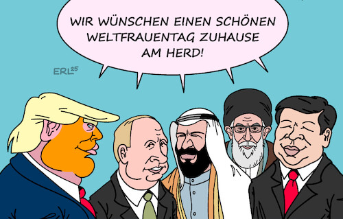 Cartoon: Weltfrauentag (medium) by Erl tagged politik,internationaler,frauentag,weltfrauentag,welt,rechtsruck,autokratie,diktatur,abbau,frauenrechte,trump,putin,salman,chamenei,xi,karikatur,erl,politik,internationaler,frauentag,weltfrauentag,welt,rechtsruck,autokratie,diktatur,abbau,frauenrechte,trump,putin,salman,chamenei,xi,karikatur,erl