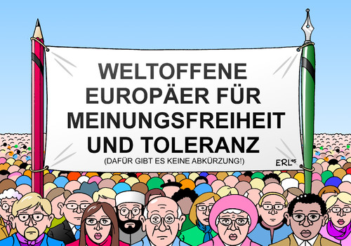 Cartoon: Weltoffene Europäer (medium) by Erl tagged anschläge,charlie,hebdo,satire,zeitschrift,paris,attentäter,islamismus,trauermarsch,weltoffenheit,meinungsfreiheit,toleranz,intoleranz,islamfeindlichkeit,rechtspopulismus,rechtsextremismus,pegida,gegendemo,karikatur,erl,anschläge,charlie,hebdo,satire,zeitschrift,paris,attentäter,islamismus,trauermarsch,weltoffenheit,meinungsfreiheit,toleranz,intoleranz,islamfeindlichkeit,rechtspopulismus,rechtsextremismus,pegida,gegendemo