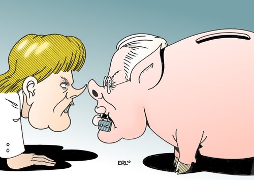 Cartoon: Widersacher (medium) by Erl tagged merkel,koch,sparen,bildung,streit,schulranzen,schultasche,sparschwein,roland koch,hessen,cdu,schüler,bildung,bundesrat,angela merkel,mehrheit,nrw,wahlen,wahl,roland,koch,angela,merkel