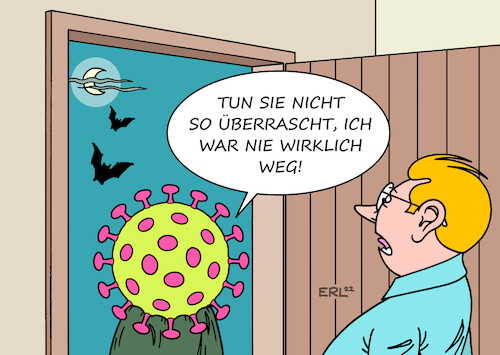 Cartoon: Wieder da (medium) by Erl tagged politik,corona,virus,pandemie,covid19,herbst,winter,2022,welle,haustür,tür,karikatur,erl,politik,corona,virus,pandemie,covid19,herbst,winter,2022,welle,haustür,tür,karikatur,erl