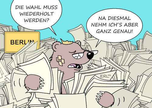 Cartoon: Wiederholung Wahl Berlin (medium) by Erl tagged politik,demokratie,wahl,berlin,abgeordnetenhaus,verwaltung,überfordert,chaos,stimmzettel,öffnungszeiten,wahllokale,bundestagswahl,volksentscheid,marathon,landesverfassungsgericht,urteil,wiederholung,karikatur,erl,politik,demokratie,wahl,berlin,abgeordnetenhaus,verwaltung,überfordert,chaos,stimmzettel,öffnungszeiten,wahllokale,bundestagswahl,volksentscheid,marathon,landesverfassungsgericht,urteil,wiederholung,karikatur,erl