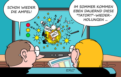 Cartoon: Wiederholungen (medium) by Erl tagged politik,bundesregierung,ampel,spd,grüne,fdp,streit,dauerstreit,haushalt,sparen,investieren,schuldenbremse,trickserei,fernsehen,wiederholungen,sommer,krimi,reihe,tatort,karikatur,erl,politik,bundesregierung,ampel,spd,grüne,fdp,streit,dauerstreit,haushalt,sparen,investieren,schuldenbremse,trickserei,fernsehen,wiederholungen,sommer,krimi,reihe,tatort,karikatur,erl