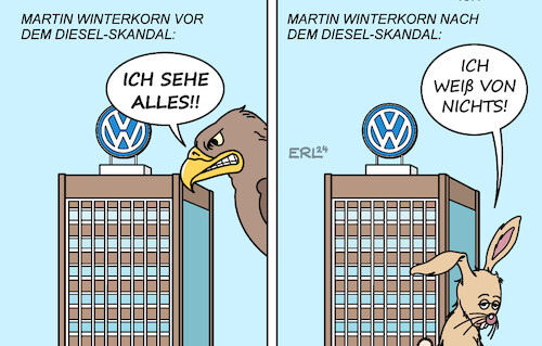 Cartoon: Winterkorn (medium) by Erl tagged politik,auto,vw,winterkorn,prozess,abgasskandal,diesel,adler,hase,karikatur,erl,politik,auto,vw,winterkorn,prozess,abgasskandal,diesel,adler,hase,karikatur,erl