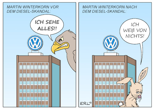 Cartoon: Winterkorns Wandlung (medium) by Erl tagged politik,wirtschaft,auto,autobauer,autokonzern,volkswagen,vw,diesel,abgas,test,manipulation,software,betrug,ex,vorstand,martin,winterkorn,kontrollfreak,ahnungslosigkeit,anklage,wandlung,adler,adlerauge,hase,karikatur,erl,politik,wirtschaft,auto,autobauer,autokonzern,volkswagen,vw,diesel,abgas,test,manipulation,software,betrug,ex,vorstand,martin,winterkorn,kontrollfreak,ahnungslosigkeit,anklage,wandlung,adler,adlerauge,hase,karikatur,erl