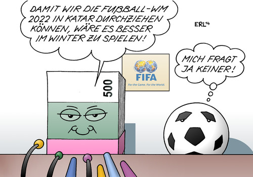 Cartoon: WM Katar 2022 (medium) by Erl tagged fußball,weltmeisterschaft,katar,2022,sommer,hitze,winter,termin,bundesliga,fifa,geld,herrscher,frage,karikatur,erl,fußball,weltmeisterschaft,katar,2022,sommer,hitze,winter,termin,bundesliga,fifa,geld,herrscher,frage