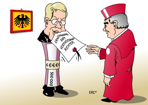 Cartoon: Wulff ernennt Verfassungsrichter (medium) by Erl tagged wulff,christian,bundespräsident,kredit,privat,urlaub,reisen,freunde,unternehmer,geld,nähe,amt,beschädigung,ernennung,verfassungsrichter,peter,müller,wulff,bundespräsident,privat,kredit,urlaub,reisen,freunde,unternehmer