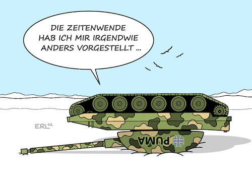 Cartoon: Zeitenwende (medium) by Erl tagged politik,bundeswehr,panzer,schützenpanzer,puma,zeitenwende,bundeskanzler,olaf,scholz,krieg,russland,ukraine,verteidigung,karikatur,erl,politik,bundeswehr,panzer,schützenpanzer,puma,zeitenwende,bundeskanzler,olaf,scholz,krieg,russland,ukraine,verteidigung,karikatur,erl