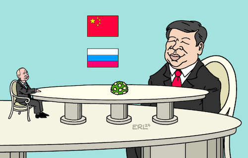 Cartoon: Zu Tisch (medium) by Erl tagged politik,russland,wladimir,putin,besuch,china,xi,jinping,präsident,staatspräsident,diktator,diktatoren,überfall,angriff,ukraine,sanktionen,abhängigkeit,handel,schulterschluss,westen,tisch,größe,karikatur,erl,politik,russland,wladimir,putin,besuch,china,xi,jinping,präsident,staatspräsident,diktator,diktatoren,überfall,angriff,ukraine,sanktionen,abhängigkeit,handel,schulterschluss,westen,tisch,größe,karikatur,erl