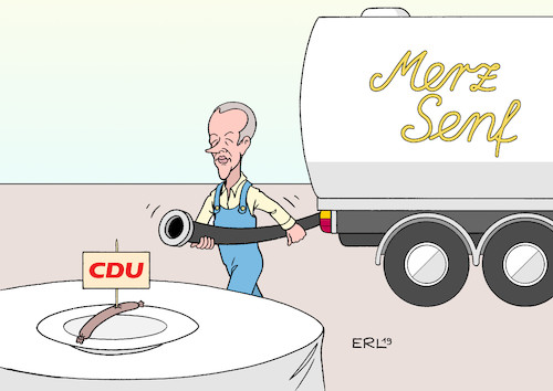 Cartoon: Zugabe (medium) by Erl tagged politik,partei,parteitag,cdu,krise,führung,vorsitz,annegret,kramp,karrenbauer,bundeskanzlerin,angela,merkel,kritik,friedrich,merz,senf,dazugeben,tankwagen,wurst,karikatur,erl,politik,partei,parteitag,cdu,krise,führung,vorsitz,annegret,kramp,karrenbauer,bundeskanzlerin,angela,merkel,kritik,friedrich,merz,senf,dazugeben,tankwagen,wurst,karikatur,erl