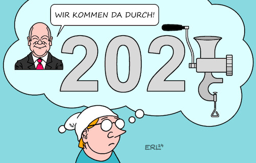 Cartoon: Zuversicht (medium) by Erl tagged jahreswechsel,2023,2024,silvester,neujahr,neujahrsansprache,bundeskanzler,olaf,scholz,zuversicht,zweifel,michel,fleischwolf,karikatur,erl,jahreswechsel,2023,2024,silvester,neujahr,neujahrsansprache,bundeskanzler,olaf,scholz,zuversicht,zweifel,michel,fleischwolf,karikatur,erl