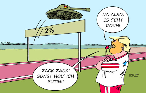 Cartoon: Zwei-Prozent-Ziel II (medium) by Erl tagged politik,nato,zwei,prozent,ziel,militärausgaben,forderung,usa,donald,trump,drohung,einladung,angriff,wladimir,putin,russland,deutschland,bundeswehr,hürdenlauf,trainer,karikatur,erl,politik,nato,zwei,prozent,ziel,militärausgaben,forderung,usa,donald,trump,drohung,einladung,angriff,wladimir,putin,russland,deutschland,bundeswehr,hürdenlauf,trainer,karikatur,erl