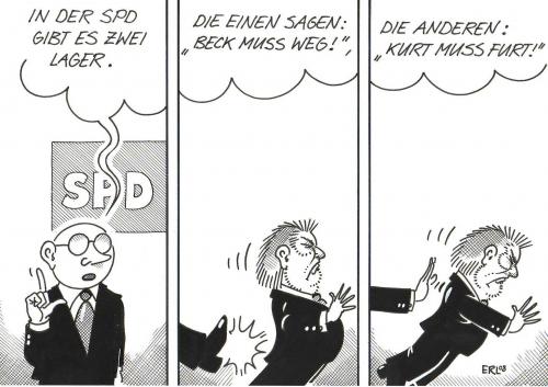 Cartoon: Zwei Lager (medium) by Erl tagged spd,kurt,beck,spd,kurt,beck,zwei,lager,treten,putschen,schubsen,meinungen,umfragetief,fortgehen,weggehen,abtreten,parteiprobleme,parteivorsitzender,präsident,kanzlerkandidat,kurt beck