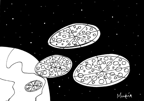 Cartoon: pizza invasion (medium) by Munguia tagged pizzapitch,space,ufo,aliens,fast,food,munguia,costa,rica,cartoon