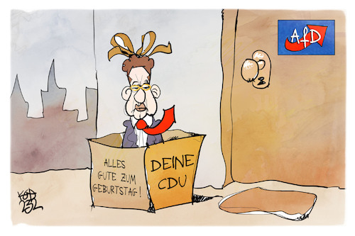 Cartoon: 10 Jahre AfD (medium) by Kostas Koufogiorgos tagged karikatur,koufogiorgos,afd,maassen,geschenk,cdu,jubiläum,partei,karikatur,koufogiorgos,afd,maassen,geschenk,cdu,jubiläum,partei