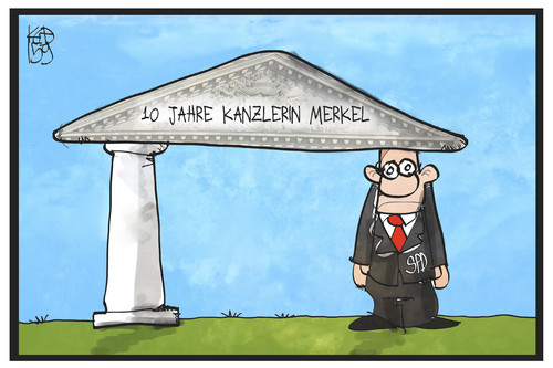 Cartoon: 10 Jahre Merkel (medium) by Kostas Koufogiorgos tagged karikatur,koufogiorgos,illustration,cartoon,merkel,cdu,spd,stütze,säule,gewicht,bundeskanzlerin,deutschland,jubiläum,partei,politik,karikatur,koufogiorgos,illustration,cartoon,merkel,cdu,spd,stütze,säule,gewicht,bundeskanzlerin,deutschland,jubiläum,partei,politik