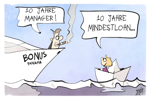 Cartoon: 10 Jahre Mindestlohn (medium) by Kostas Koufogiorgos tagged karikatur,koufogiorgos,mindestlohn,manager,yacht,papierschiffchen,arm,reich,karikatur,koufogiorgos,mindestlohn,manager,yacht,papierschiffchen,arm,reich