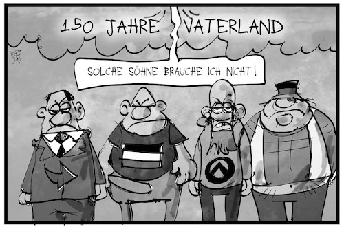 Cartoon: 150 Jahre Vaterland (medium) by Kostas Koufogiorgos tagged karikatur,koufogiorgos,illustration,cartoon,reichsgründung,bismarck,reichsbürger,identitäre,afd,hutbürger,extremismus,rechtsextremismus,vaterland,geschichte,vater,sohn,karikatur,koufogiorgos,illustration,cartoon,reichsgründung,bismarck,reichsbürger,identitäre,afd,hutbürger,extremismus,rechtsextremismus,vaterland,geschichte,vater,sohn