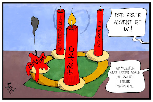 Cartoon: 1. Advent (medium) by Kostas Koufogiorgos tagged karikatur,koufogiorgos,illustration,cartoon,advent,groko,jamaika,minderheitsregierung,adventskranz,kerze,feuer,flamme,erloschen,brennen,karikatur,koufogiorgos,illustration,cartoon,advent,groko,jamaika,minderheitsregierung,adventskranz,kerze,feuer,flamme,erloschen,brennen