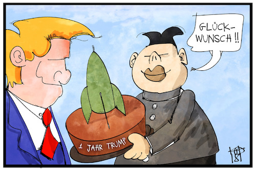 Cartoon: 1 Jahr Trump (medium) by Kostas Koufogiorgos tagged karikatur,koufogiorgos,illustration,cartoon,trump,kim,jong,un,glückwunsch,torte,rakete,nuklear,atomwaffen,nordkorea,usa,karikatur,koufogiorgos,illustration,cartoon,trump,kim,jong,un,glückwunsch,torte,rakete,nuklear,atomwaffen,nordkorea,usa