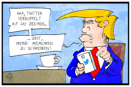 Cartoon: 280 Zeichen (medium) by Kostas Koufogiorgos tagged karikatur,koufogiorgos,illustration,cartoon,zeichen,twitter,soziale,medien,trump,usa,präsident,memoiren,text,schreiben,tippen,karikatur,koufogiorgos,illustration,cartoon,zeichen,twitter,soziale,medien,trump,usa,präsident,memoiren,text,schreiben,tippen