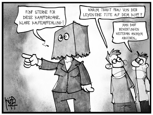 Cartoon: 5 Sterne-Kampfdrohnen (medium) by Kostas Koufogiorgos tagged karikatur,koufogiorgos,illustration,cartoon,verteidigungsministerin,von,der,leyen,bewertung,anonymität,kampfdrohne,politik,verbraucher,karikatur,koufogiorgos,illustration,cartoon,verteidigungsministerin,von,der,leyen,bewertung,anonymität,kampfdrohne,politik,verbraucher