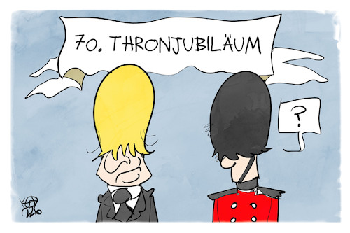 Cartoon: 70. Thronjubiläum (medium) by Kostas Koufogiorgos tagged karikatur,koufogiorgos,johnson,queen,wache,thronjubiläum,uk,großbritannien,guard,karikatur,koufogiorgos,johnson,queen,wache,thronjubiläum,uk,großbritannien,guard