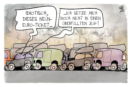 Cartoon: 9-Euro-Ticket (medium) by Kostas Koufogiorgos tagged karikatur,koufogiorgos,euro,stau,bahn,pendler,auto,verkehr,mobilitaet,karikatur,koufogiorgos,euro,stau,bahn,pendler,auto,verkehr,mobilitaet