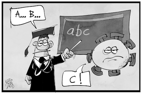 Cartoon: A B Corona (medium) by Kostas Koufogiorgos tagged karikatur,koufogiorgos,illustration,cartoon,corona,schule,schuloeffnung,lehrer,abc,pandemie,virus,bildung,tafel,karikatur,koufogiorgos,illustration,cartoon,corona,schule,schuloeffnung,lehrer,abc,pandemie,virus,bildung,tafel