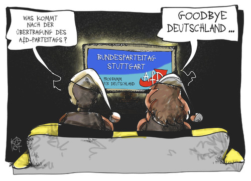 Cartoon: AfD-Parteitag oder Goodbye Deuts (medium) by Kostas Koufogiorgos tagged karikatur,koufogiorgos,illustration,cartoon,afd,parteitag,stuttgart,partei,programm,michel,deutschland,goodbye,fernsehen,fernsehsendung,auswandern,demokratie,politik,karikatur,koufogiorgos,illustration,cartoon,afd,parteitag,stuttgart,partei,programm,michel,deutschland,goodbye,fernsehen,fernsehsendung,auswandern,demokratie,politik