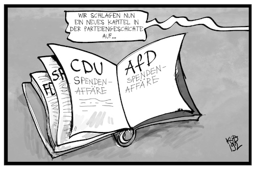 Cartoon: AfD-Spendenaffäre (medium) by Kostas Koufogiorgos tagged karikatur,koufogiorgos,illustration,cartoon,afd,spenden,affäre,buch,geschichte,partei,skandal,karikatur,koufogiorgos,illustration,cartoon,afd,spenden,affäre,buch,geschichte,partei,skandal