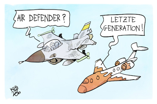 Cartoon: Air Defender (medium) by Kostas Koufogiorgos tagged karikatur,koufogiorgos,air,defender,letzte,generation,privatjet,klima,protest,nato,übung,luftwaffe,karikatur,koufogiorgos,air,defender,letzte,generation,privatjet,klima,protest,nato,übung,luftwaffe