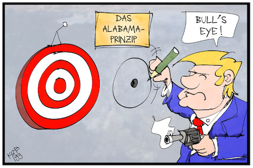 Cartoon: Alabama-Prinzip (medium) by Kostas Koufogiorgos tagged karikatur,koufogiorgos,illustration,cartoon,trump,alabama,dorian,zielscheibe,bullseye,treffer,betrug,illusion,usa,karikatur,koufogiorgos,illustration,cartoon,trump,alabama,dorian,zielscheibe,bullseye,treffer,betrug,illusion,usa