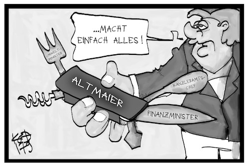 Cartoon: Allzweckwaffe Altmaier (medium) by Kostas Koufogiorgos tagged karikatur,koufogiorgos,illustration,cartoon,altmaier,messer,allzweckwaffe,merkel,politik,finanzminister,kanzleramtsminister,umweltminister,karikatur,koufogiorgos,illustration,cartoon,altmaier,messer,allzweckwaffe,merkel,politik,finanzminister,kanzleramtsminister,umweltminister