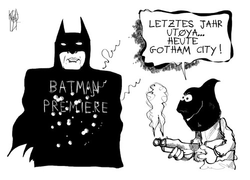 Cartoon: Amok (medium) by Kostas Koufogiorgos tagged batman,gotham,city,amok,film,premiere,utoya,breivik,karikatur,kostas,koufogiorgos,batman,film,premiere,breivik