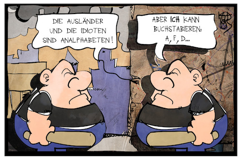 Cartoon: Analphabetismus in Deutschland (medium) by Kostas Koufogiorgos tagged karikatur,koufogiorgos,illustration,cartoon,analphabetismus,neobazi,bildung,ausländer,migranten,hetze,afd,partei,buchstabieren,alphabet,karikatur,koufogiorgos,illustration,cartoon,analphabetismus,neobazi,bildung,ausländer,migranten,hetze,afd,partei,buchstabieren,alphabet