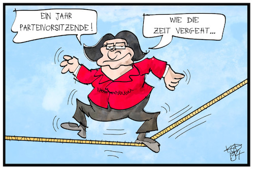 Cartoon: Andrea Nahles (medium) by Kostas Koufogiorgos tagged karikatur,koufogiorgos,illustration,cartoon,andrea,nahles,parteivorsitz,spd,drahtseilakt,wackelig,unsicher,partei,sozialdemokraten,zeit,karikatur,koufogiorgos,illustration,cartoon,andrea,nahles,parteivorsitz,spd,drahtseilakt,wackelig,unsicher,partei,sozialdemokraten,zeit