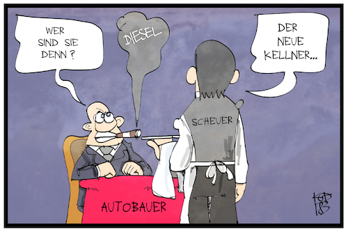 Cartoon: Andreas Scheuer (medium) by Kostas Koufogiorgos tagged karikatur,koufogiorgos,illustration,cartoon,scheuer,verkehrsminister,autobauer,kellner,gast,diener,csu,wirtschaft,politik,lobbyismus,karikatur,koufogiorgos,illustration,cartoon,scheuer,verkehrsminister,autobauer,kellner,gast,diener,csu,wirtschaft,politik,lobbyismus