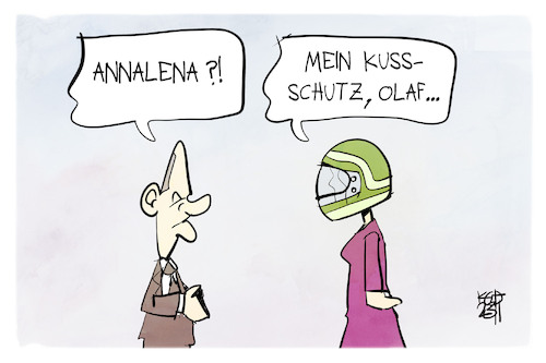 Cartoon: Annalena Baerbock (medium) by Kostas Koufogiorgos tagged karikatur,koufogiorgos,baerbock,kuss,helm,scholz,schutz,karikatur,koufogiorgos,baerbock,kuss,helm,scholz,schutz