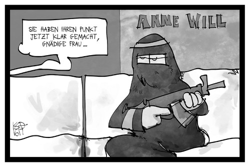 Cartoon: Anne Will (medium) by Kostas Koufogiorgos tagged karikatur,koufogiorgos,illustration,cartoon,anne,will,nora,illi,niqab,vollverschleierung,radikal,islamistisch,waffe,djihad,talkshow,fernsehen,frau,terrorismus,karikatur,koufogiorgos,illustration,cartoon,anne,will,nora,illi,niqab,vollverschleierung,radikal,islamistisch,waffe,djihad,talkshow,fernsehen,frau,terrorismus