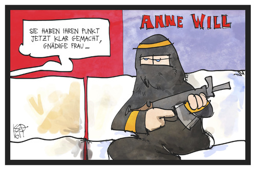 Cartoon: Anne Will (medium) by Kostas Koufogiorgos tagged karikatur,koufogiorgos,illustration,cartoon,anne,will,nora,illi,niqab,vollverschleierung,radikal,islamistisch,waffe,djihad,talkshow,fernsehen,frau,terrorismus,karikatur,koufogiorgos,illustration,cartoon,anne,will,nora,illi,niqab,vollverschleierung,radikal,islamistisch,waffe,djihad,talkshow,fernsehen,frau,terrorismus